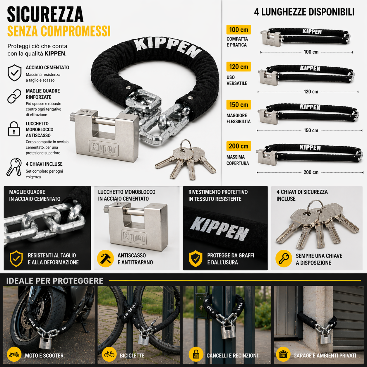kippen 2016a kit sicurezza per auto, moto e scooter, composto da: catena antifurto misura 10x1000 mm + lucchetto cementato antiscasso 90 mm. kippen 2016a kit sicurezza per auto, moto e scooter, composto da: catena antifurto misura 10x1000 mm + lucchetto cementato antiscasso 90 mm.
