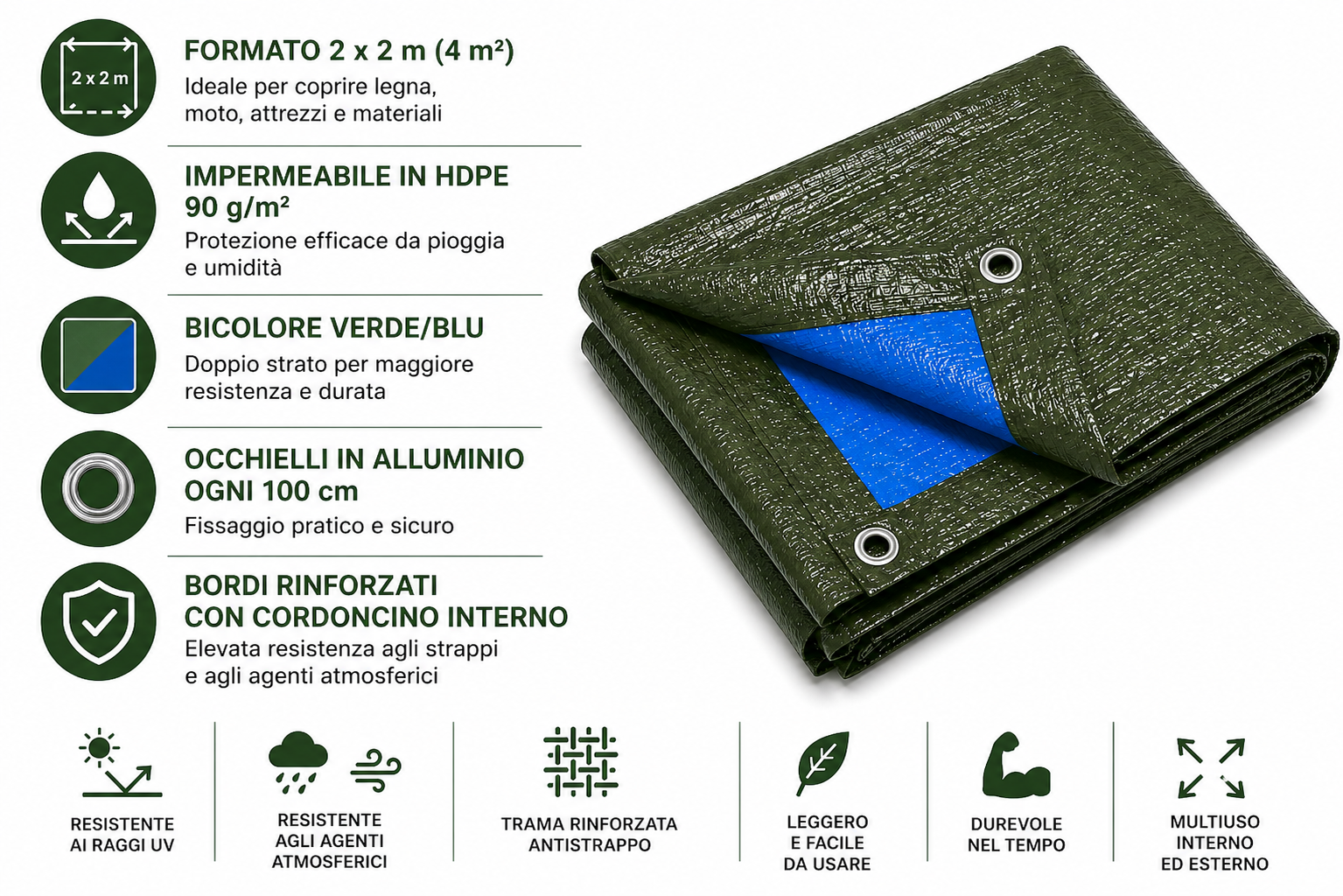 kippen 6082b telone impermeabile occhiellato 90 g/m² – bicolore verde/blu, rinforzato con occhielli in alluminio – copertura: 2x2 m (4 m²) kippen 6082b telone impermeabile occhiellato 90 g/m² – bicolore verde/blu, rinforzato con occhielli in alluminio – copertura: 2x2 m (4 m²)
