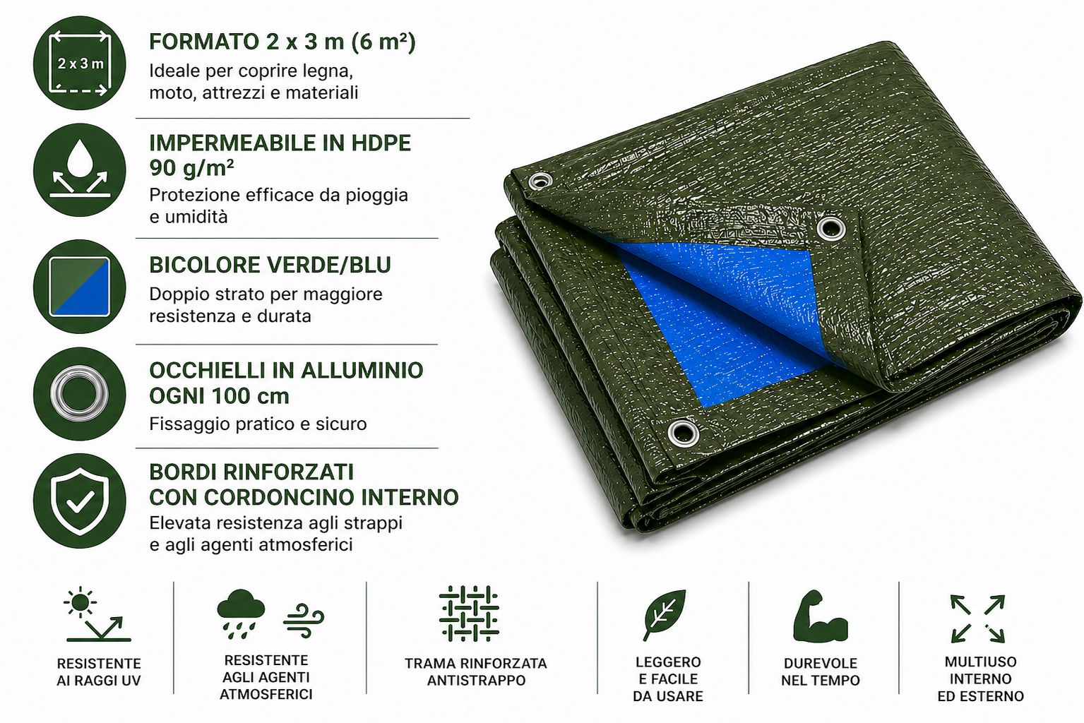 kippen 6082c telone impermeabile occhiellato 90 g/m² – bicolore verde/blu, rinforzato con occhielli in alluminio – copertura: 2x3 mt (6 m²) kippen 6082c telone impermeabile occhiellato 90 g/m² – bicolore verde/blu, rinforzato con occhielli in alluminio – copertura: 2x3 mt (6 m²)