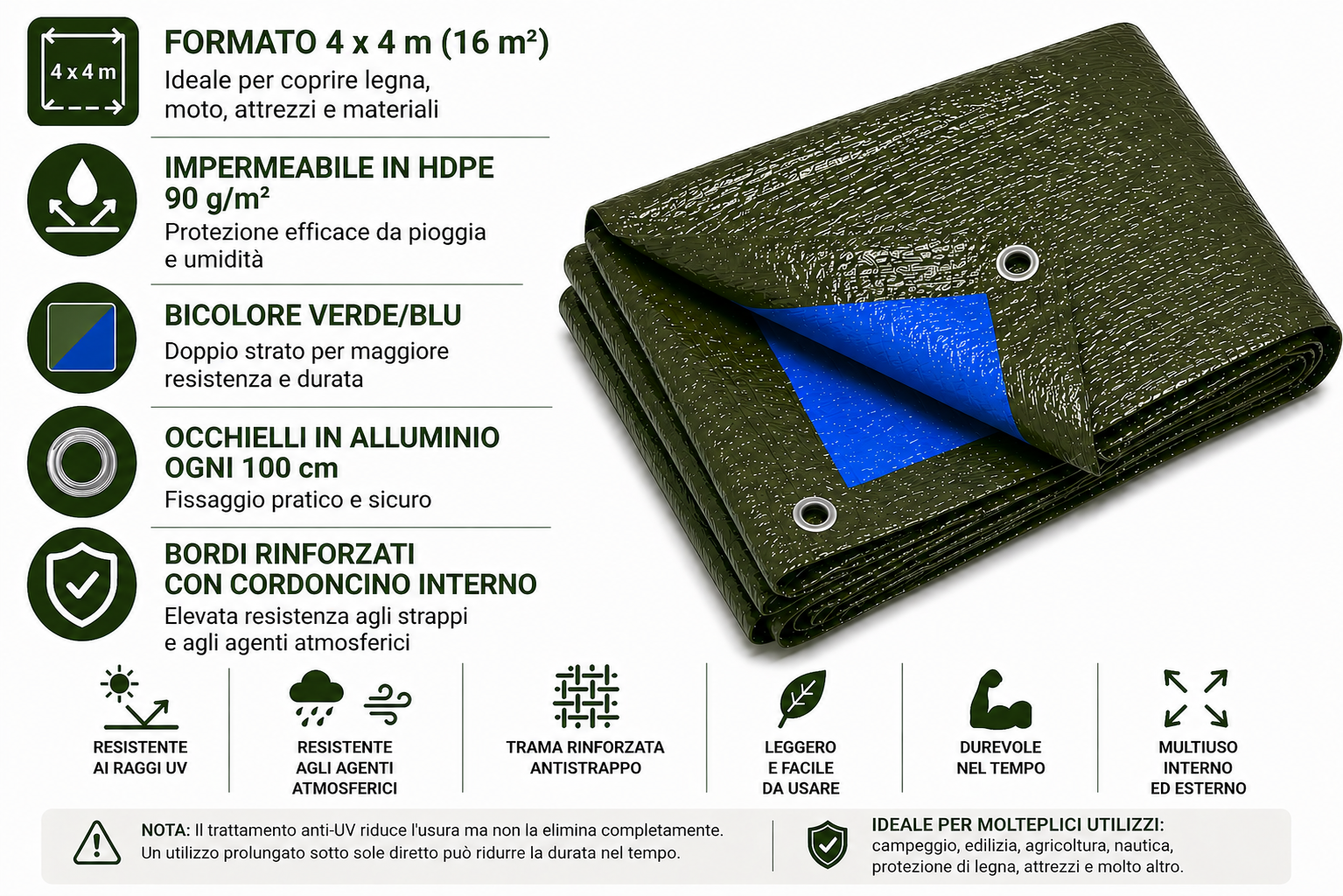 kippen 6082f telone impermeabile occhiellato 90 g/m² – bicolore verde/blu, rinforzato con occhielli in alluminio – copertura: 4x4 mt (16 m²) (copia) kippen 6082f telone impermeabile occhiellato 90 g/m² – bicolore verde/blu, rinforzato con occhielli in alluminio – copertura: 4x4 mt (16 m²) (copia)