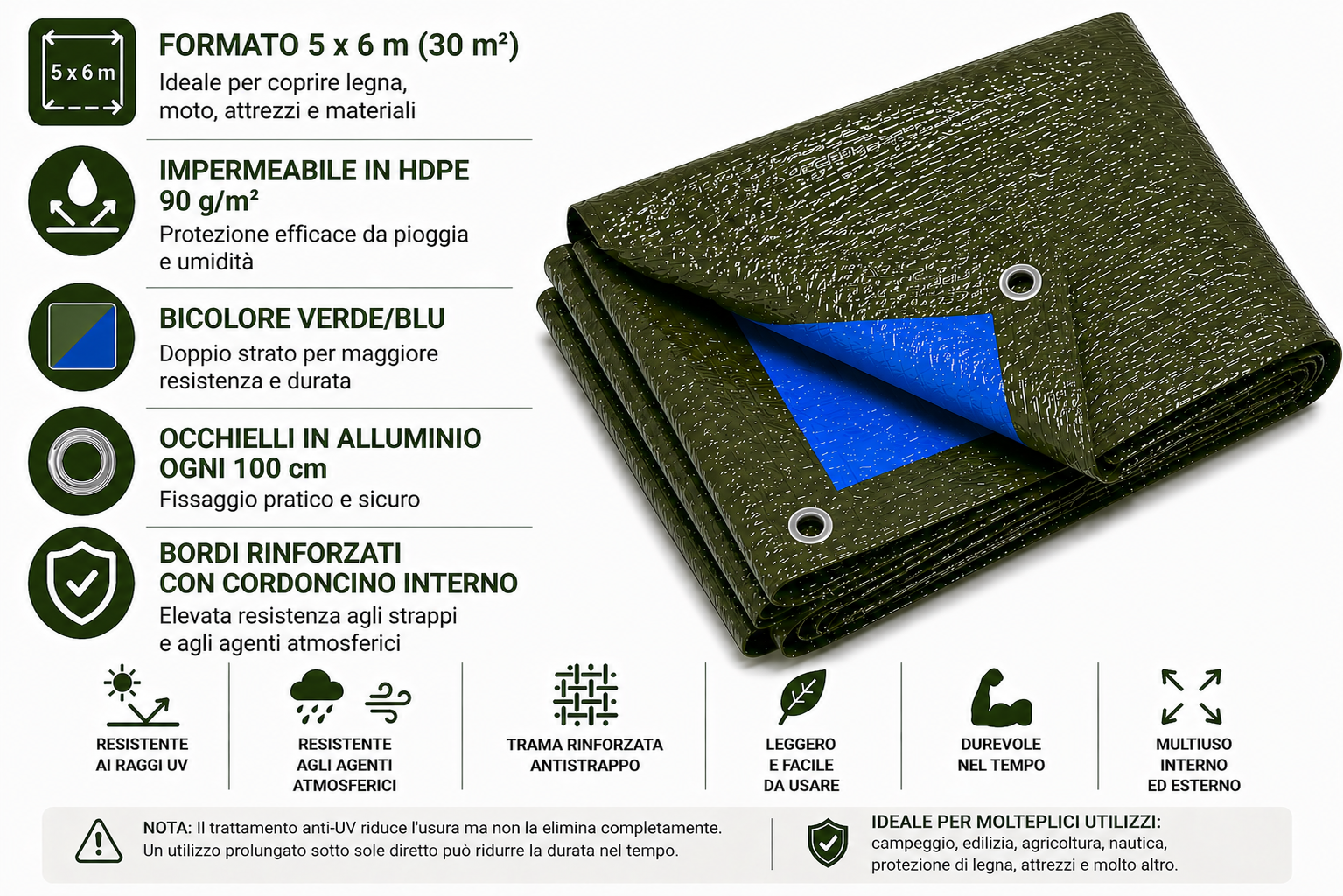 kippen 6082h telone impermeabile occhiellato 90 g/m² – bicolore verde/blu, rinforzato con occhielli in alluminio – copertura: 5x6 mt (30 m²) kippen 6082h telone impermeabile occhiellato 90 g/m² – bicolore verde/blu, rinforzato con occhielli in alluminio – copertura: 5x6 mt (30 m²)