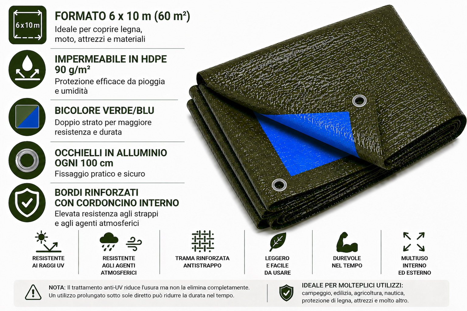 kippen 6082l telone impermeabile occhiellato 90 g/m² – bicolore verde/blu, rinforzato con occhielli in alluminio – copertura: 6x10 mt (60 m²) kippen 6082l telone impermeabile occhiellato 90 g/m² – bicolore verde/blu, rinforzato con occhielli in alluminio – copertura: 6x10 mt (60 m²)